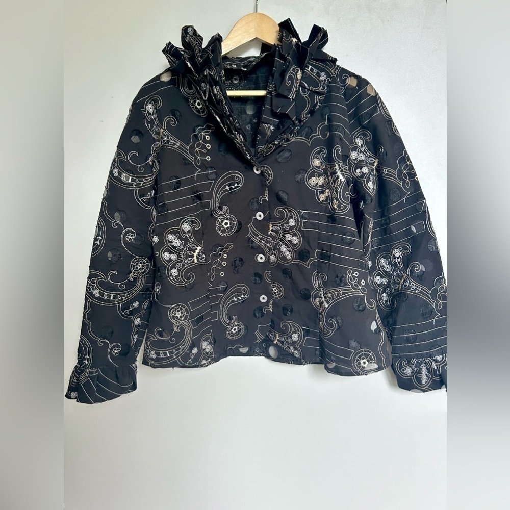 Samuel Dong Ruffled neck Button Jacket Artsy Textured Blouse - Picture 3 of 11
